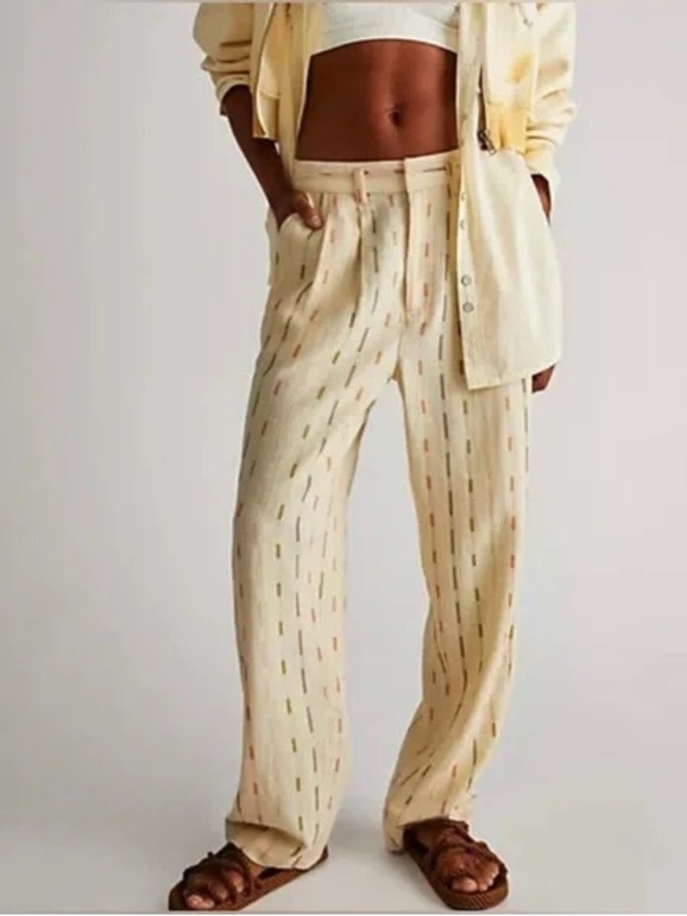 Free People Cream Wide-Leg Pants with Multi-Color Stitching